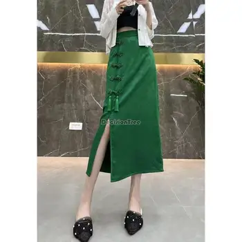 2023 г. жаккардовая юбка средней длины в китайском винтажном стиле для женщин, летняя новая модная элегантная юбка-чонсам с разрезом и пуговицами s300