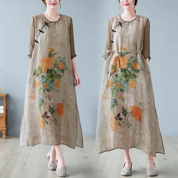 2023 китайский стиль, хлопчатобумажное белье с принтом в стиле ретро, женская элегантная традиционная одежда с весенним цветочным узором, удобное платье
