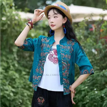 2024 традиционная китайская этническая блузка топы hanfu с национальной цветочной вышивкой, винтажная атласно-жаккардовая блузка, восточный костюм эпохи тан