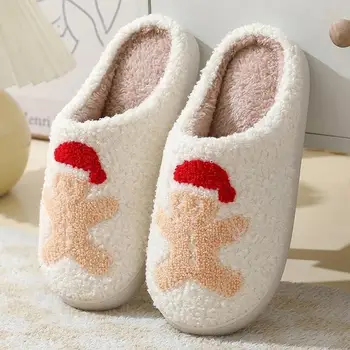 2024 Рождественские Зимние тапочки для женщин, уютные Плюшевые пушистые теплые тапочки, Милый Пряничный человечек, теплая обувь для зимнего дома
