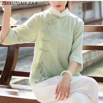 Китайский улучшенный костюм эпохи Тан Традиционный Китайский женский топ Zen Tea Art Clothing Винтажная элегантная блузка Женская