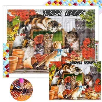 Cat Party 5D Diy Портреты животных, Алмазная живопись, Мозаичная вышивка, Полный квадратный круглый набор для вышивки крестом с бриллиантами, Домашний декор