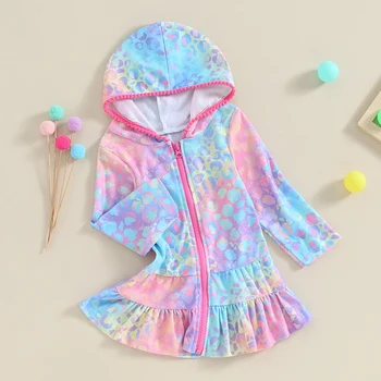 Купальное платье для девочки для малышей с коротким рукавом и капюшоном на молнии, пляжная одежда, милый махровый халат, купальники